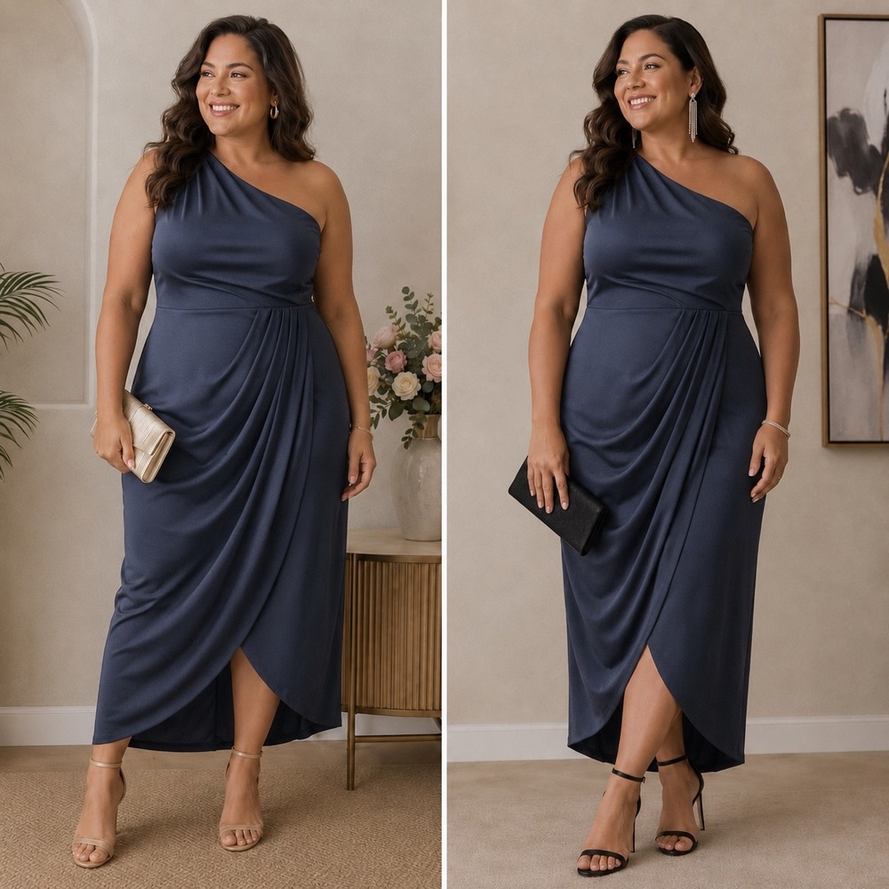 Showpo Navy One Shoulder Draped Dress Formal Wedding Party Minimalist Sz 12